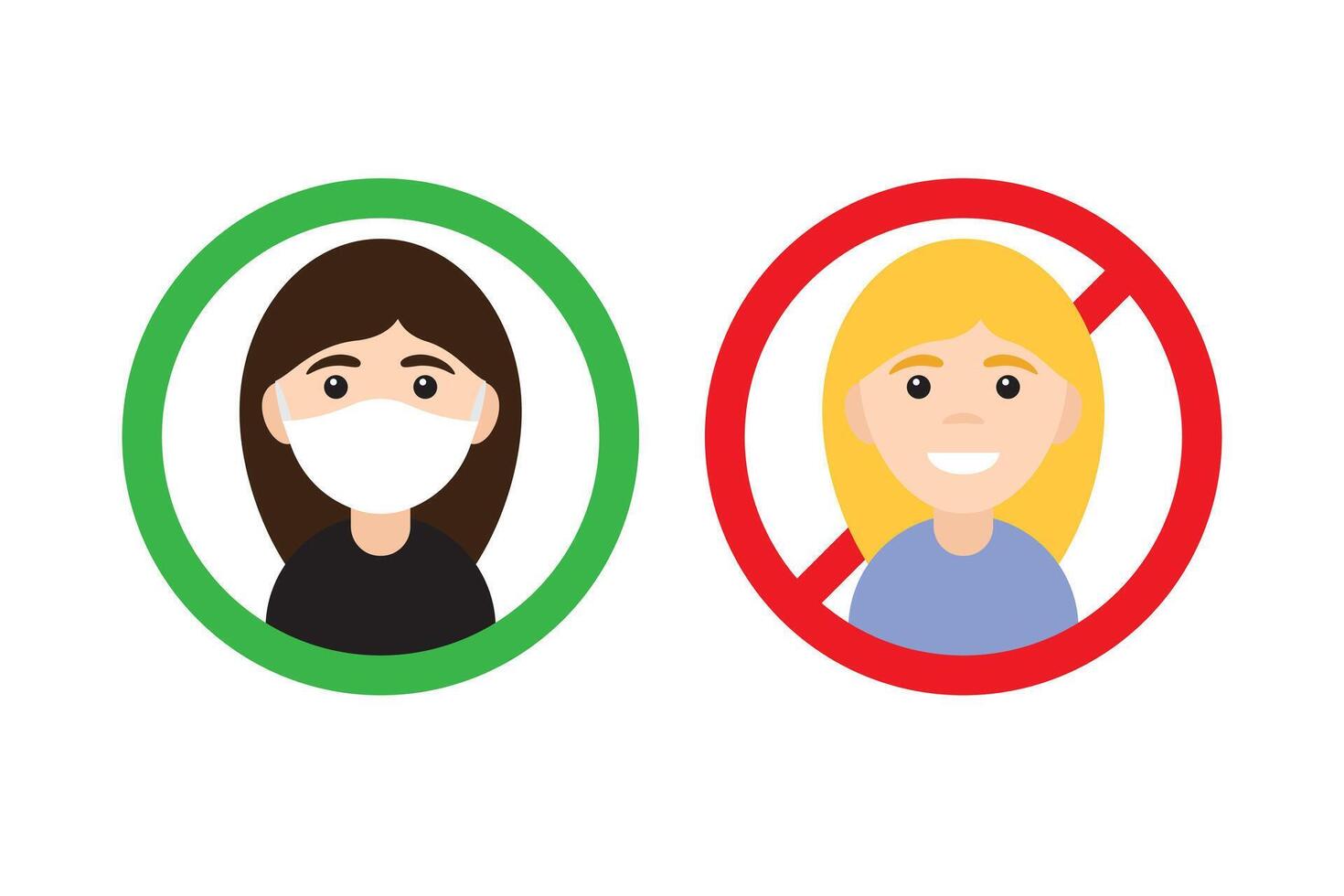 Flat cartoon No entry without medical face mask signs. Two different Woman girl in circle vector
