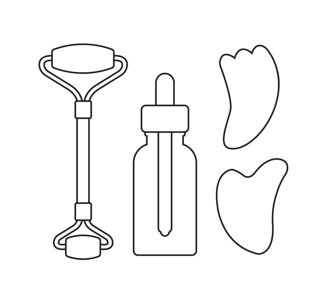 Set bundle of massage roller gua sha and oil bottle isolated on white background vector