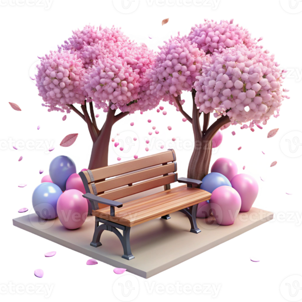 elegant contemporary Park Bench Under Cherry Blossom Trees Transparent for Spring Scene png