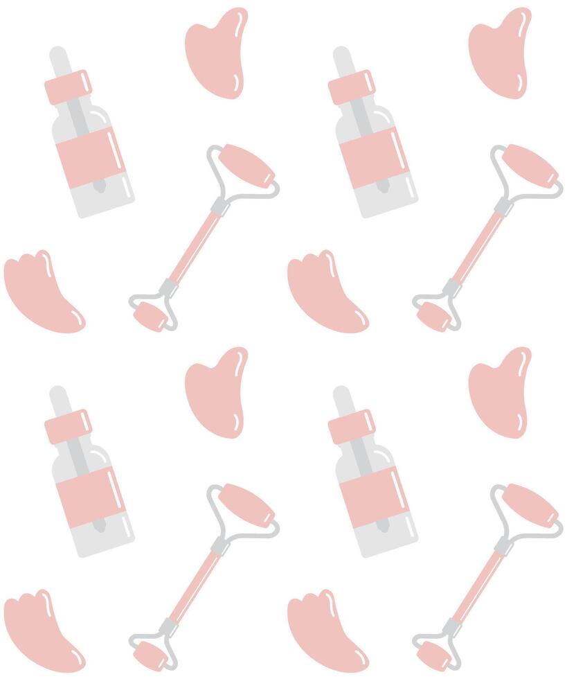 Seamless pattern of flat cartoon stone massage roller gua sha and oil bottle isolated on white background vector