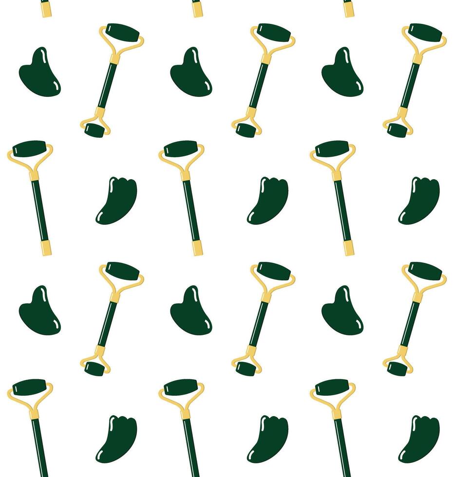 Seamless pattern of flat cartoon green stone massage roller and gua sha isolated on white background vector