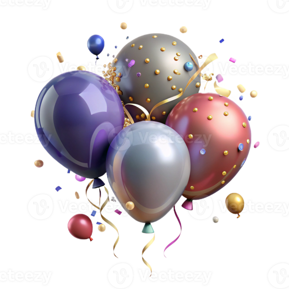 dramatic classic Party Balloons with Confetti Isolated for Celebration Graphics authentic png