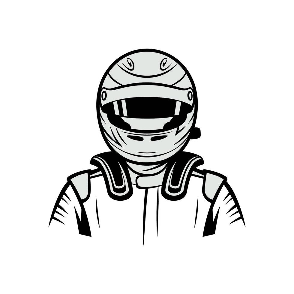A black and white drawing of a man in a racing helmet vector