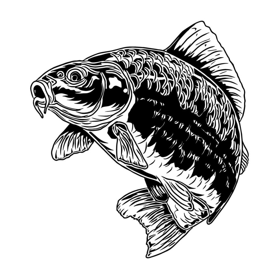 carp fish jumping black and white fishing illustration logo image t shirt vector