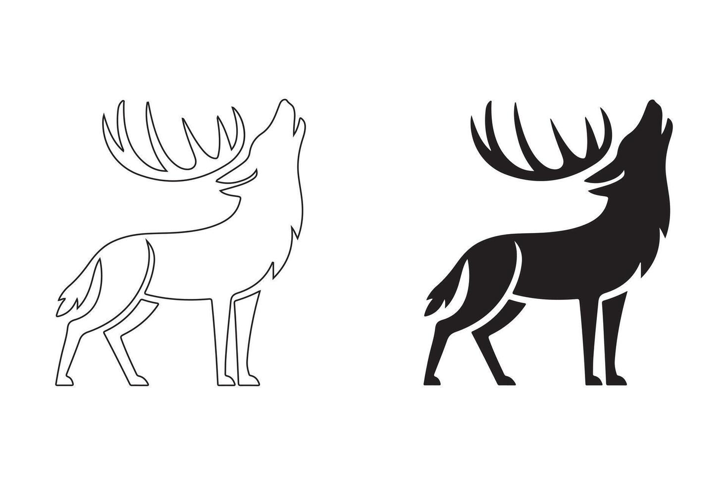 Majestic Howling Wolf and Deer Silhouettes in Flat and Outline Style vector