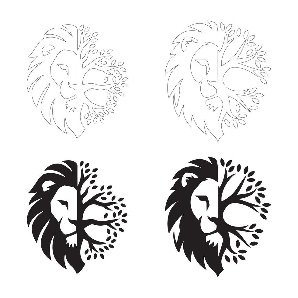 Clean and Striking Black and White Lion and Tree Illustrations vector