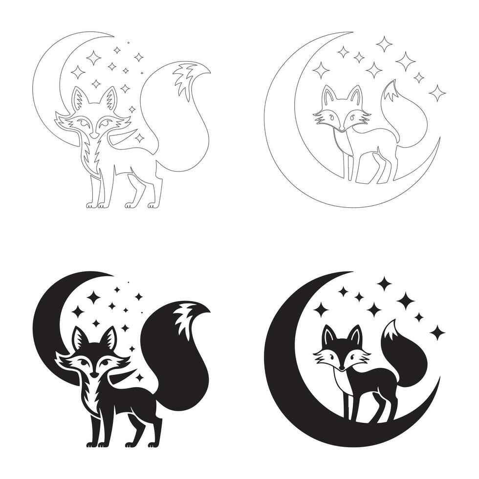 Mystical Fox with Moon and Stars Silhouettes in Flat and Outline Styles vector