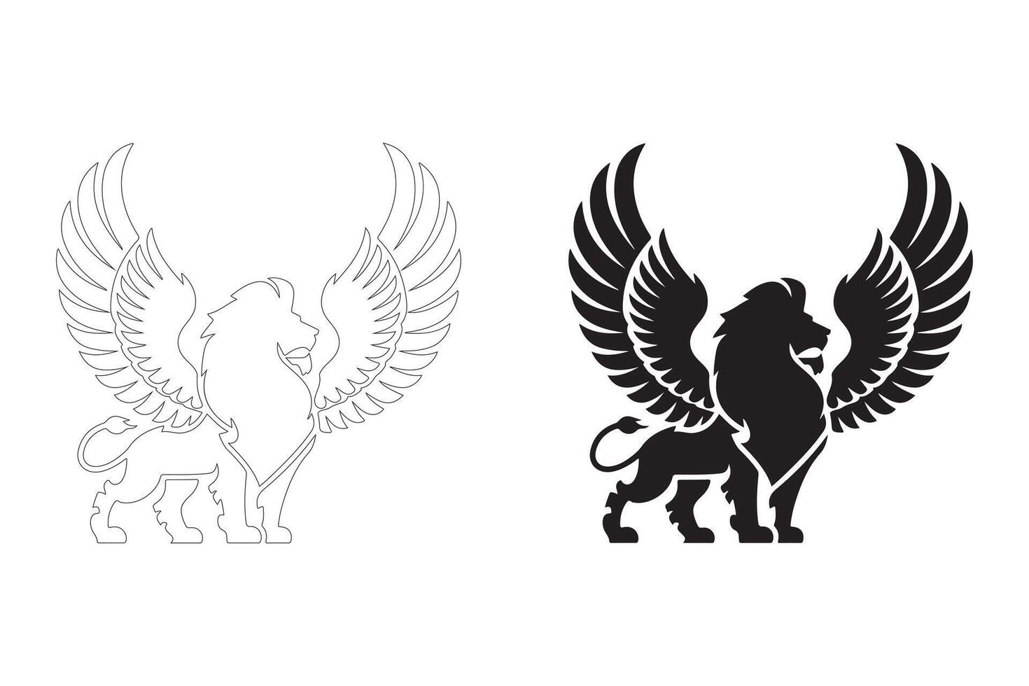 Striking Black and White Winged Lion Illustrations for Versatile Applications vector