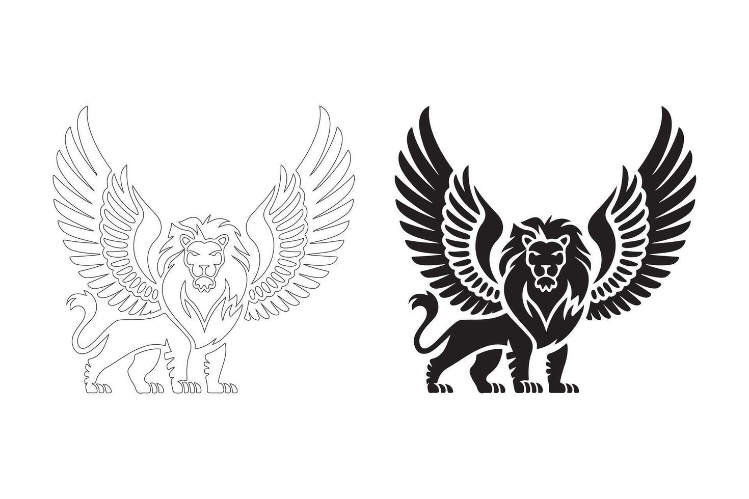 Majestic Winged Lion Silhouettes in Flat and Outline Styles vector