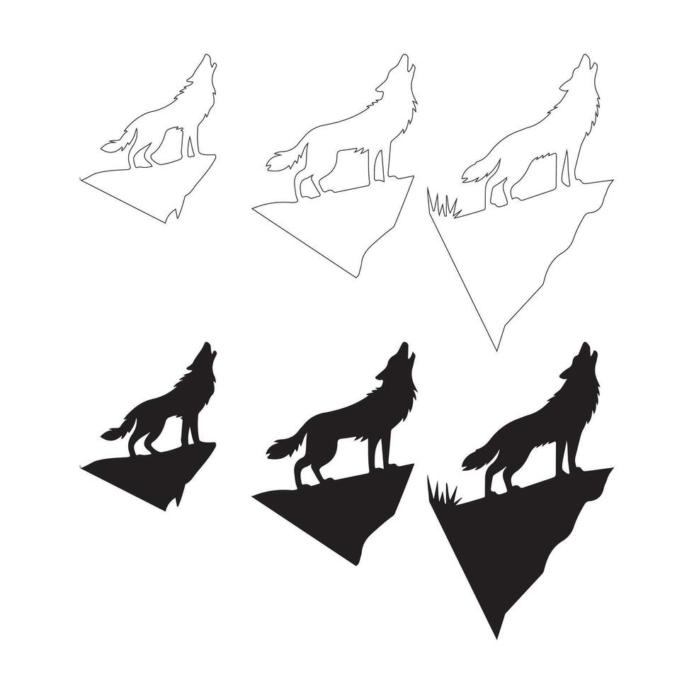 Howling Wolf on Cliff Silhouettes. Fully editable Flat and Outline. vector
