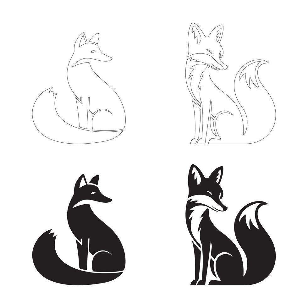 Elegant Sitting Fox Silhouettes with Fluffy Tail in Flat and Outline Styles vector