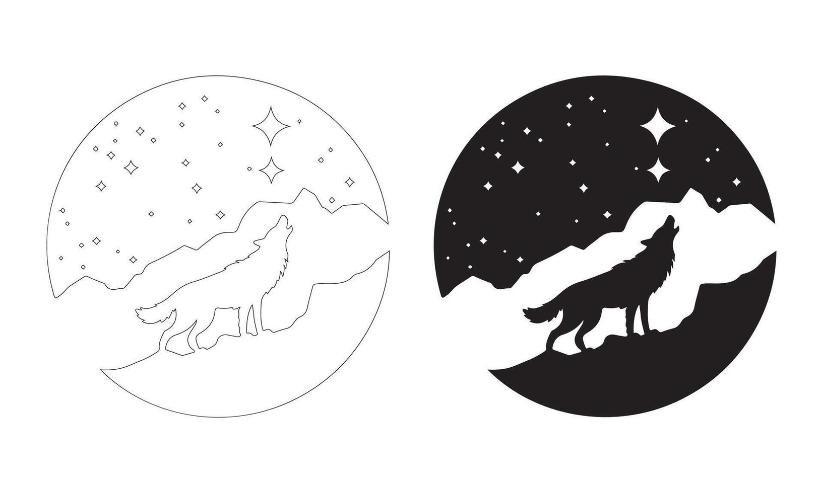 Bold and Mystical Howling Wolf with Celestial Elements Silhouettes vector