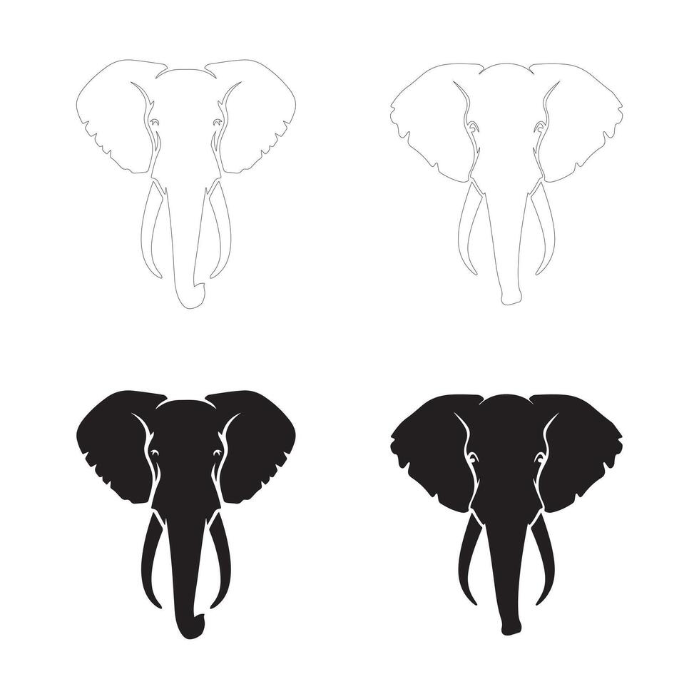 Majestic Elephant Head Silhouettes in Flat and Outline Styles vector