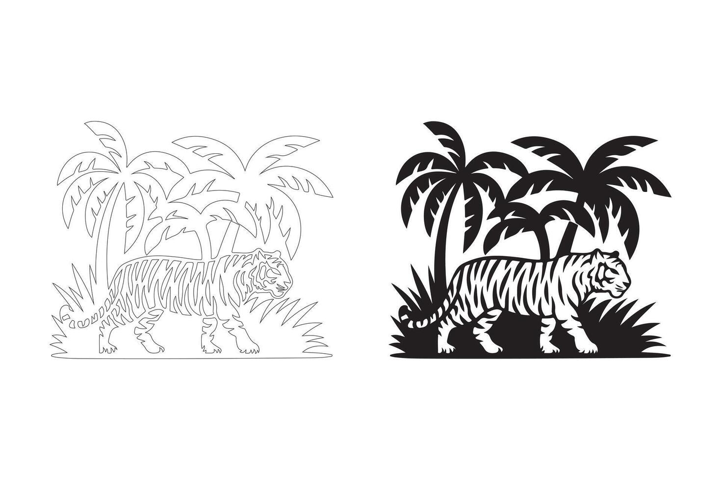 Majestic Tiger Silhouette in a Tropical Paradise Scene vector