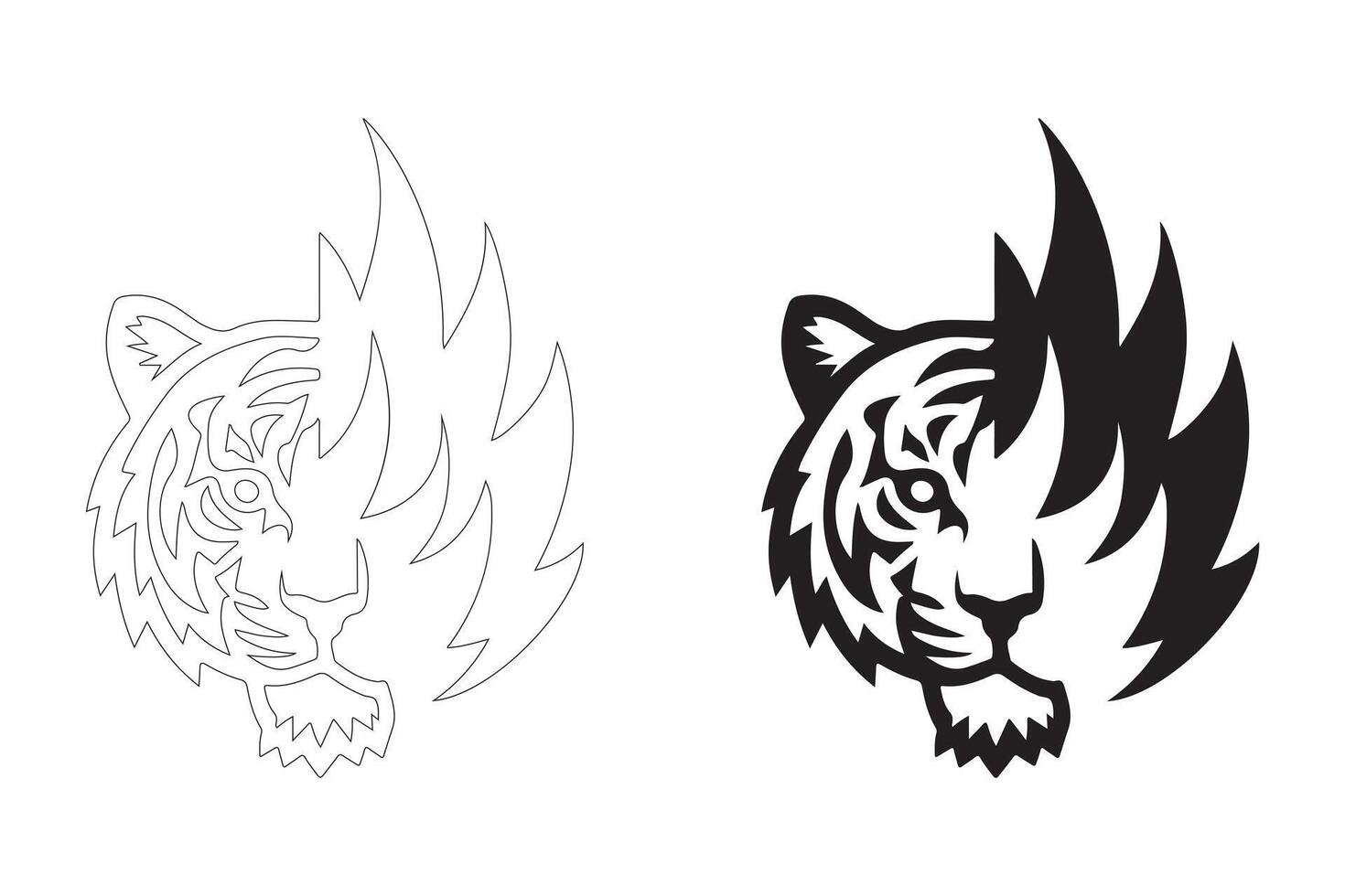 Bold Fierce Tiger Head with Tribal Flame in Flat and Outline Styles vector