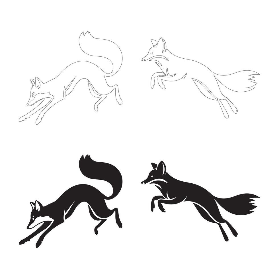 Dynamic Jumping Fox Silhouettes in Flat and Outline Styles vector