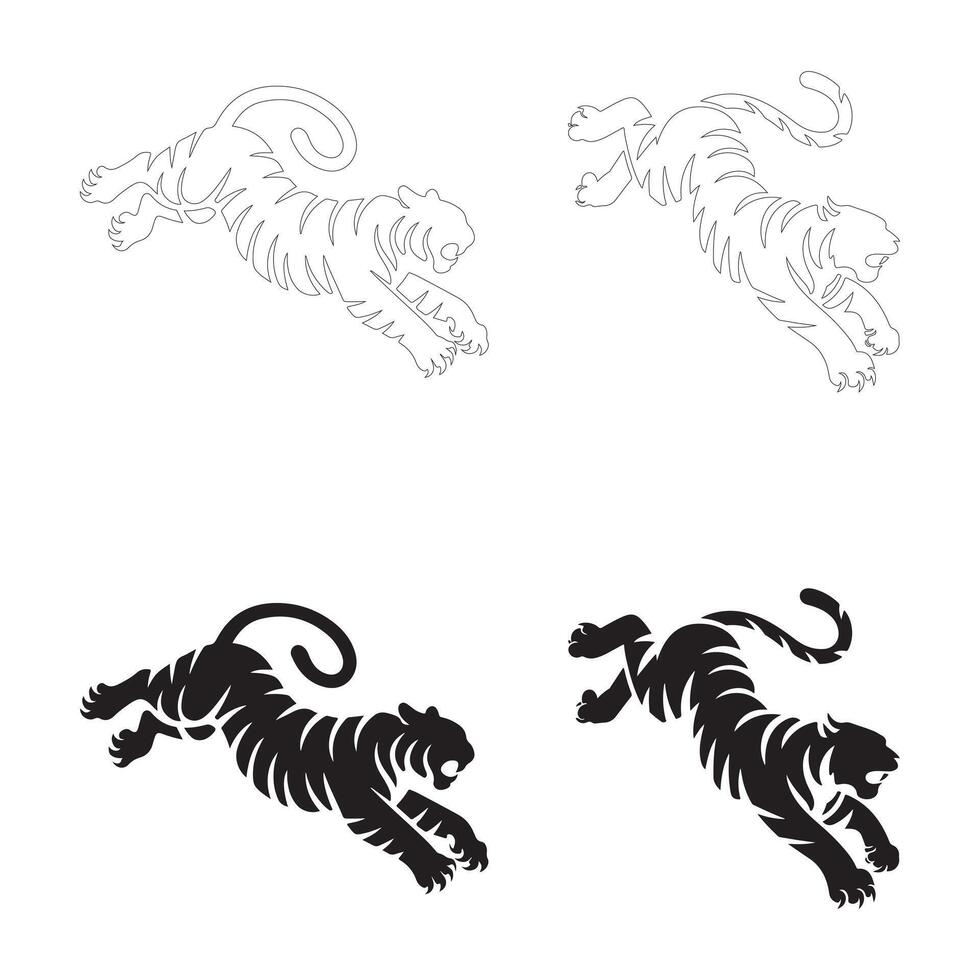 Dynamic Leaping Tiger Silhouettes in Flat and Outline Styles vector