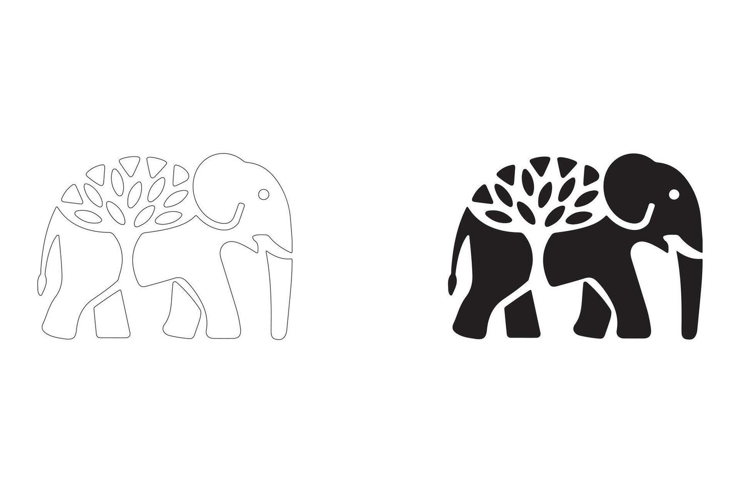 Majestic Elephant Logo with Tree in Flat and Outline Styles vector