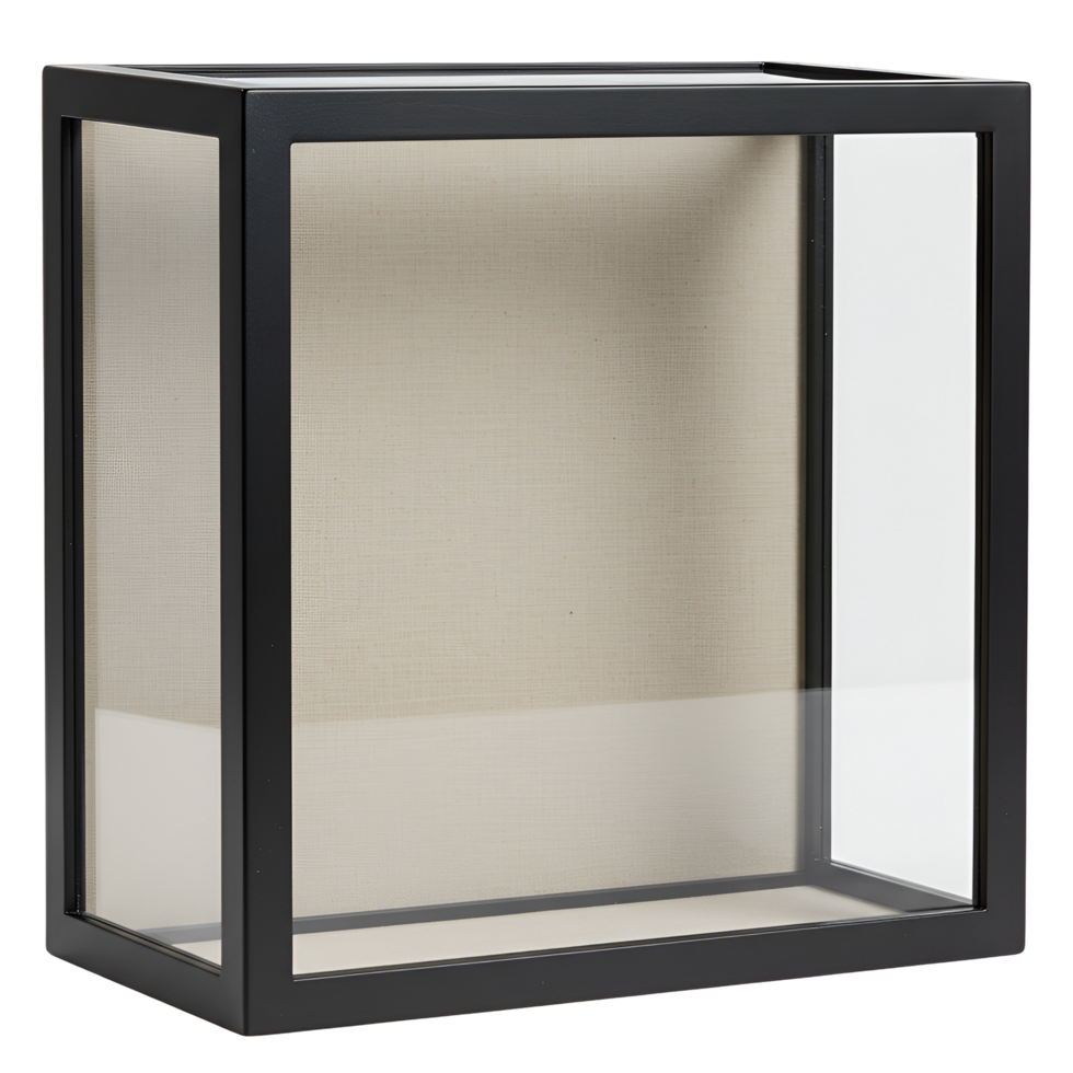 A close up of a black framed display case with glass panels and a neutral colored fabric backing inside transparent background png