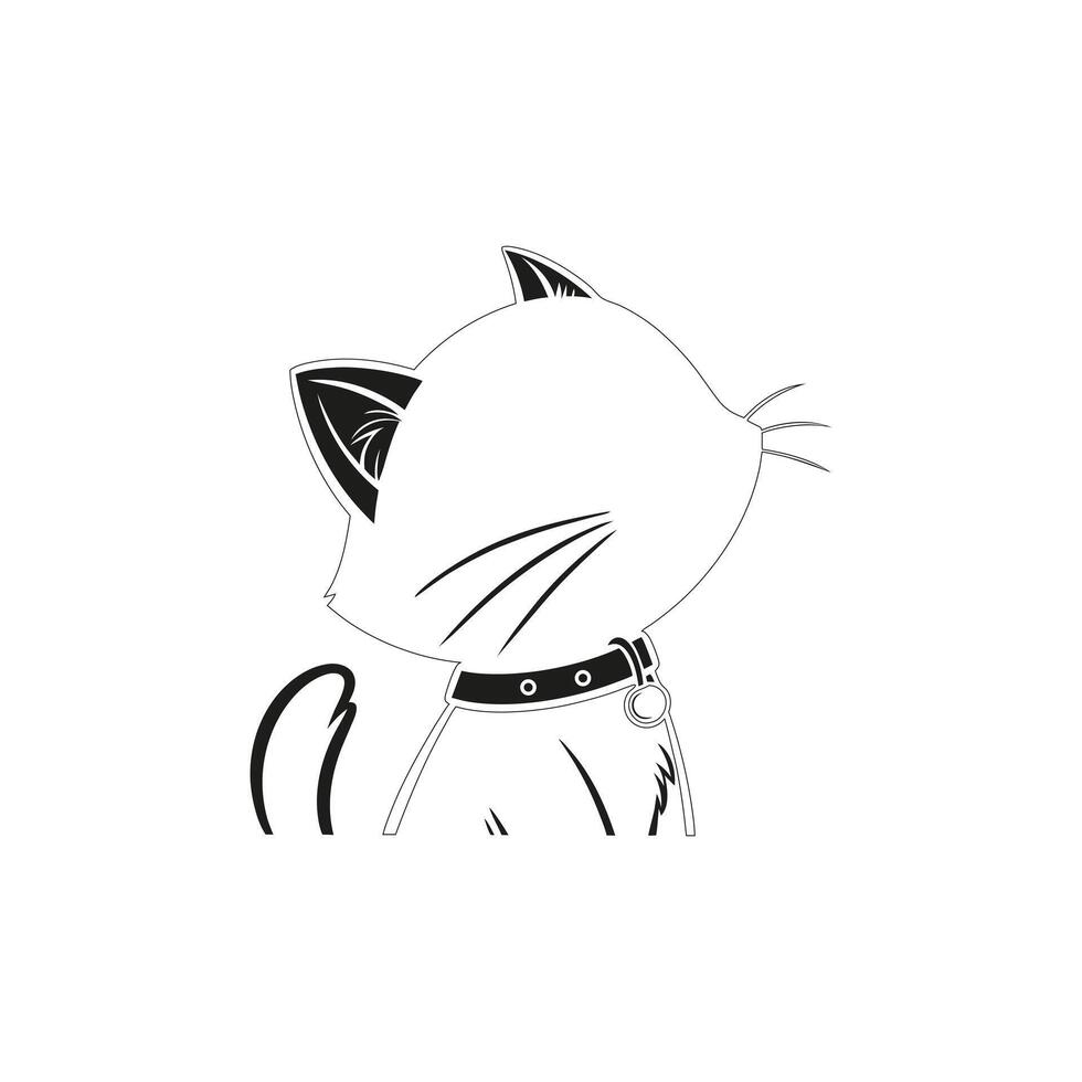 Cartoon illustration of a single cat wearing a collar looking upwards, side view vector