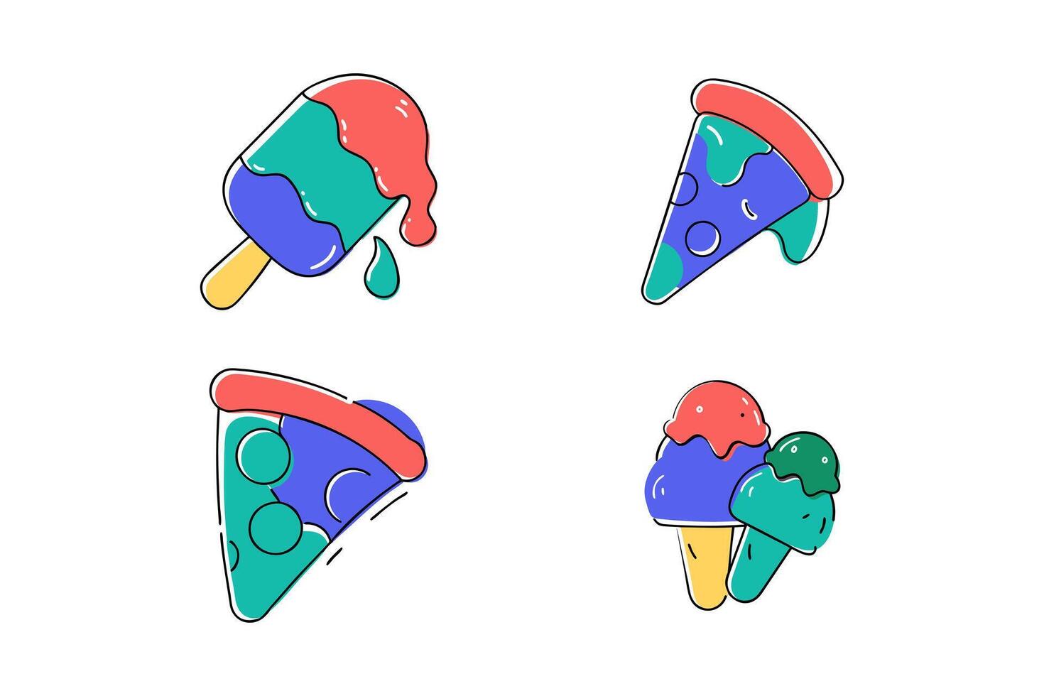 Whimsical Cartoon Food Illustration Featuring Melting Ice Cream Cones and Colorful Pizza Slices in Art Style vector