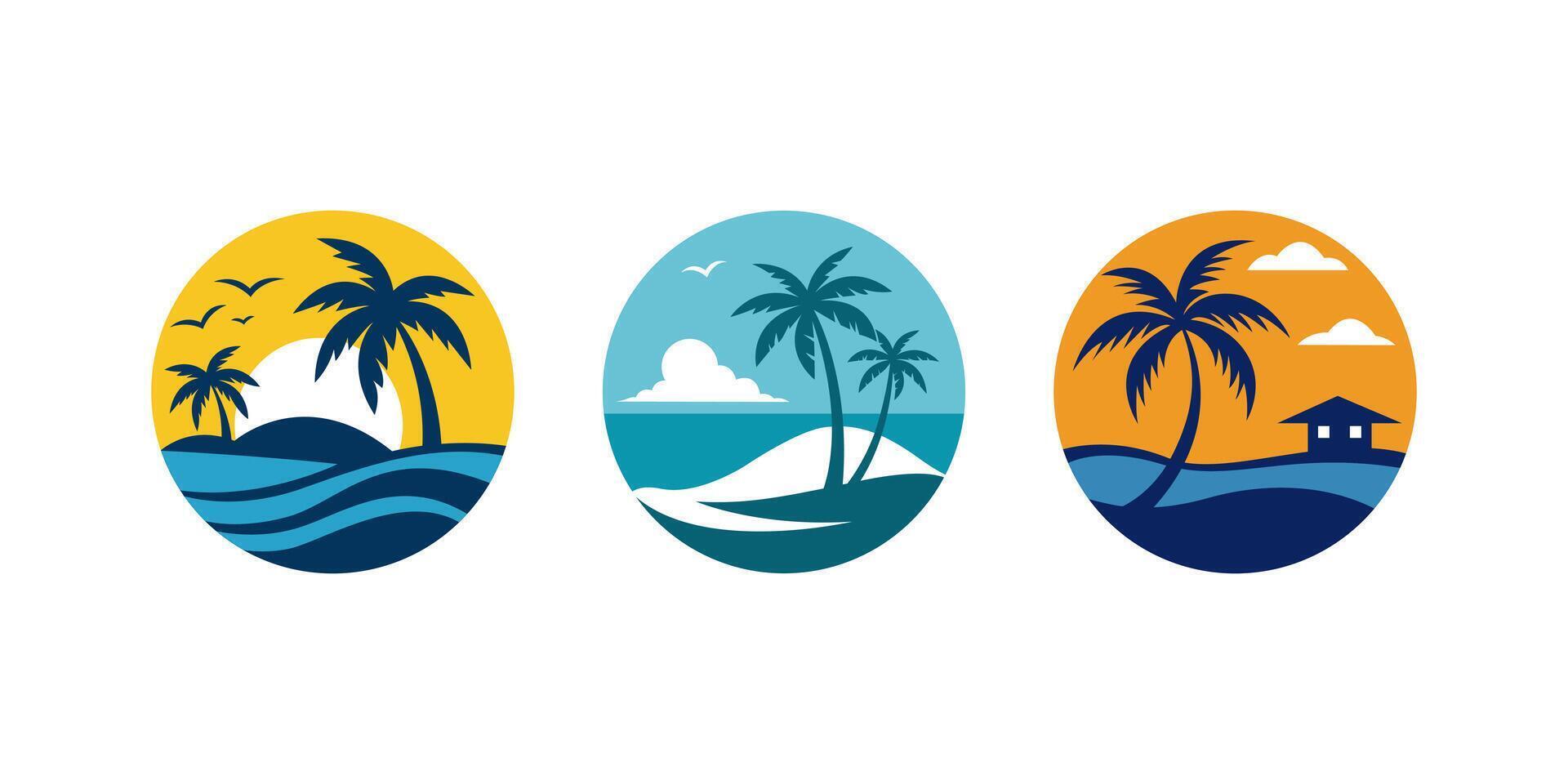Tropical Beach Concept Logo - Illustrations of Palm Trees, Waves, and Seaside Scenes vector
