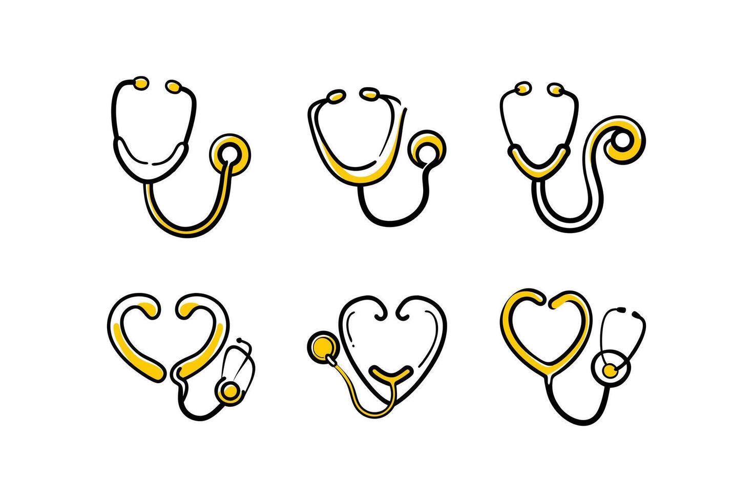 Six Unique Stethoscope Illustrations Showcasing Diverse Artistic Styles, Arranged Neatly in a Row Indoors vector