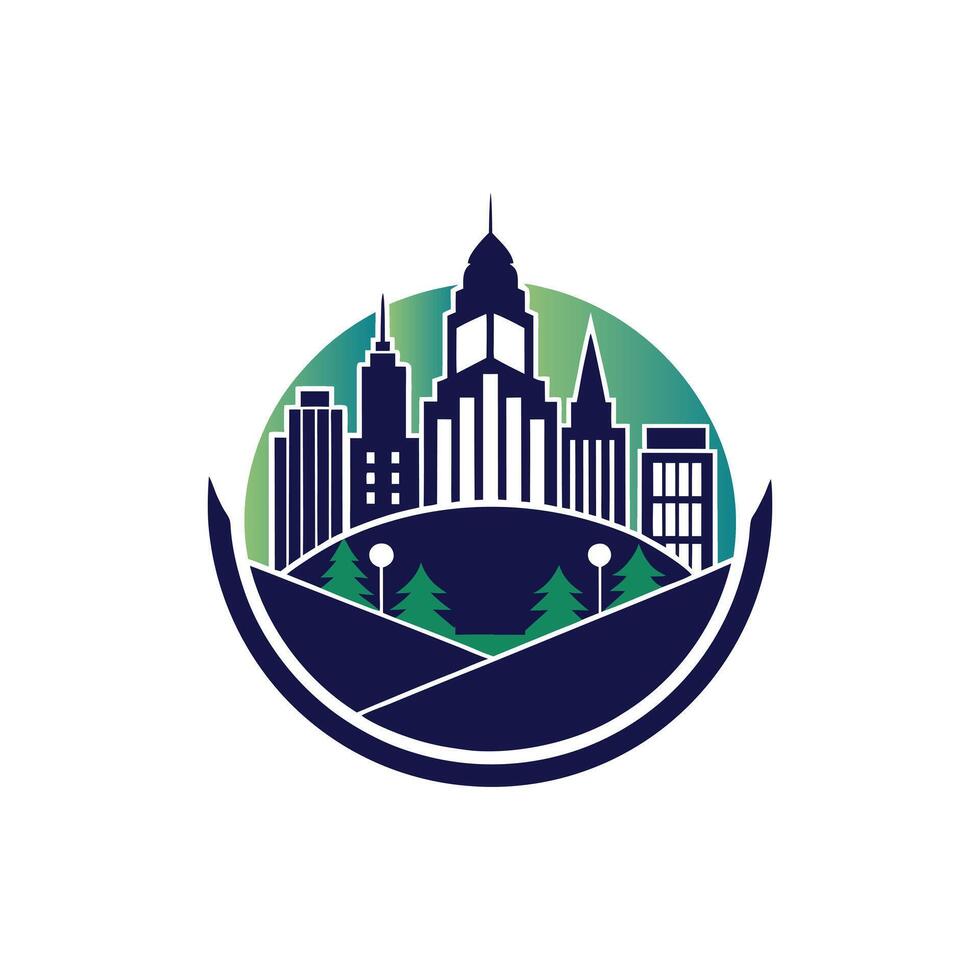 Urban Cityscape and Nature Illustration Featuring a Vibrant Skyline with Trees in a Park Setting vector