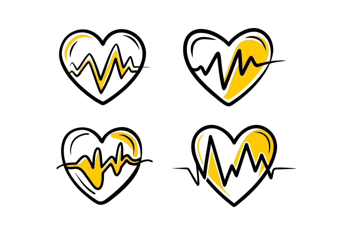 Four Heart Icons with Yellow and Black Electrocardiogram Lines for Medical and Health Design Illustration vector