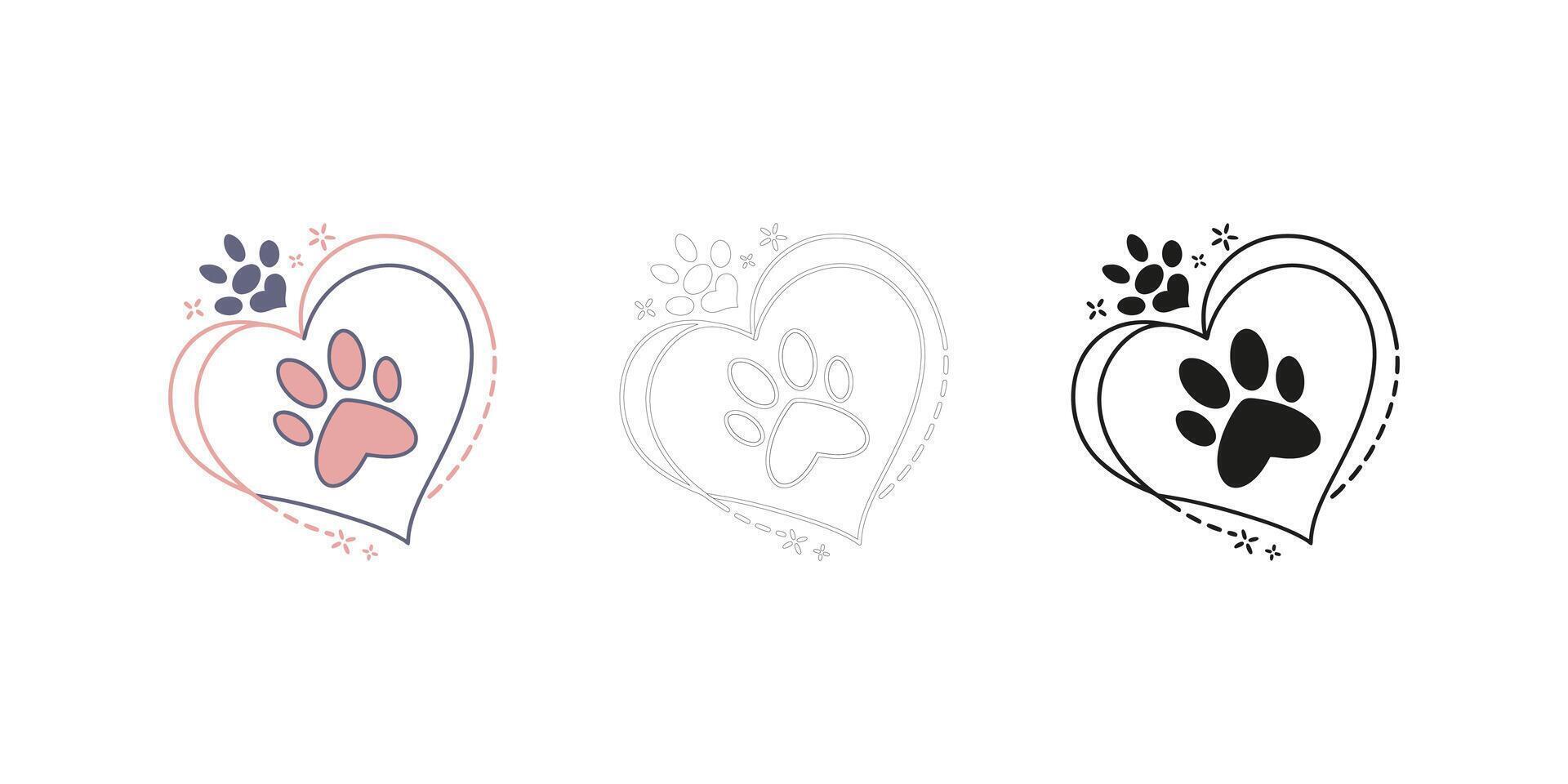 Heart and Paw Print Illustration in Three Styles - Color, Outline, and Black vector