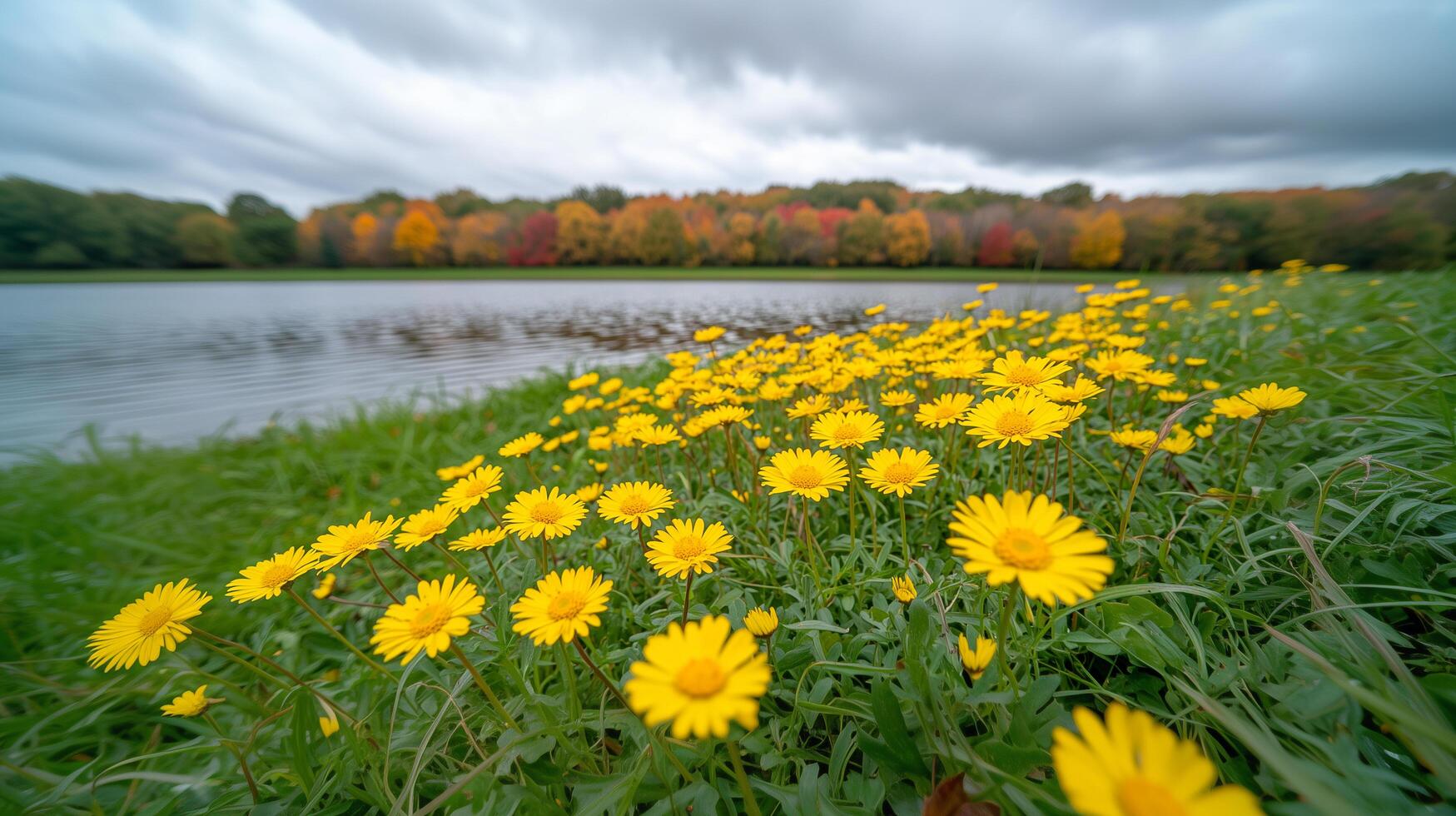 Peaceful Lake Scene with Yellow Flowers and Fall Foliage photo