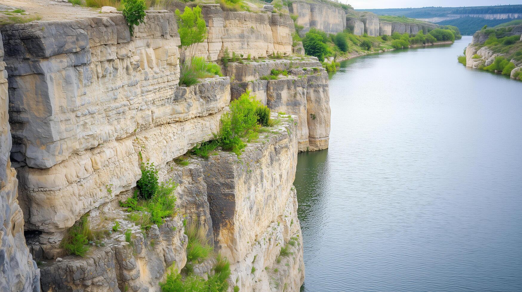 Large Rock Cliffs Jutting into a Calm River photo