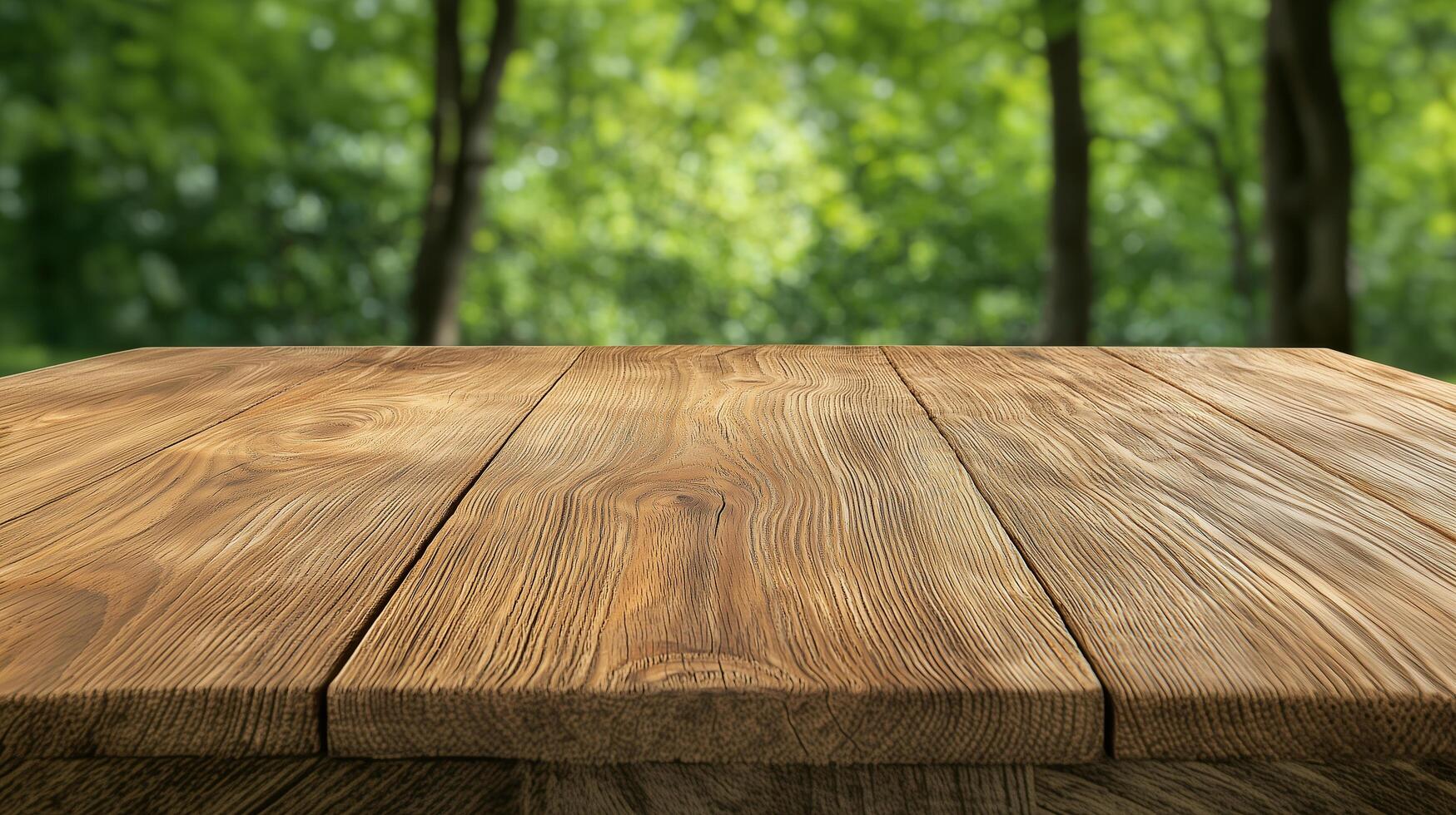 Blurred Trees Behind a Wooden Table photo