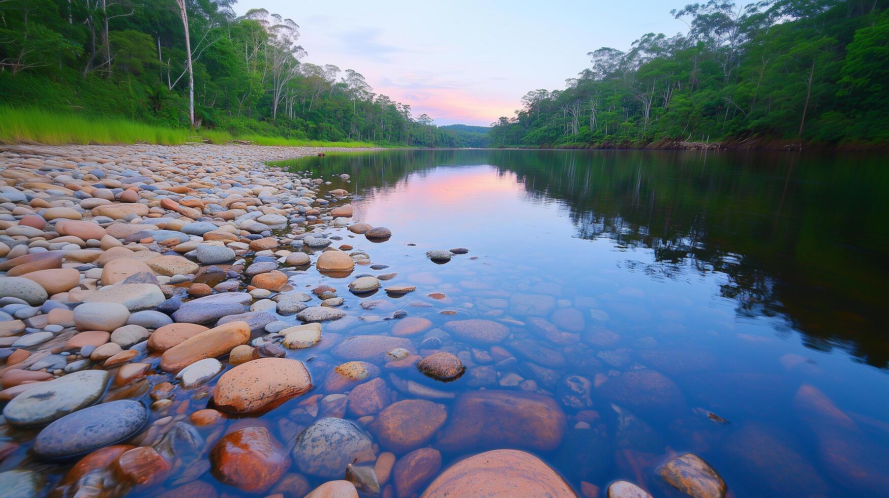 Twilight Reflection in River with Rocks and Trees photo