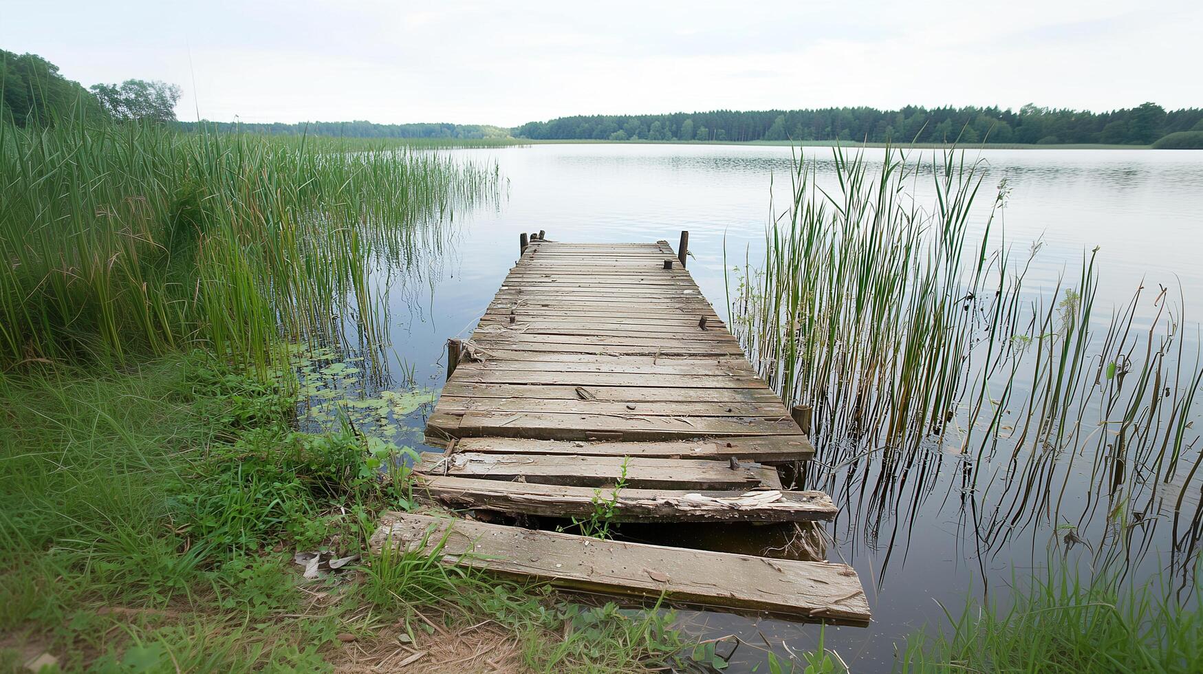 Tall Reeds and Aquatic Plants Around an Old Wooden Dock photo