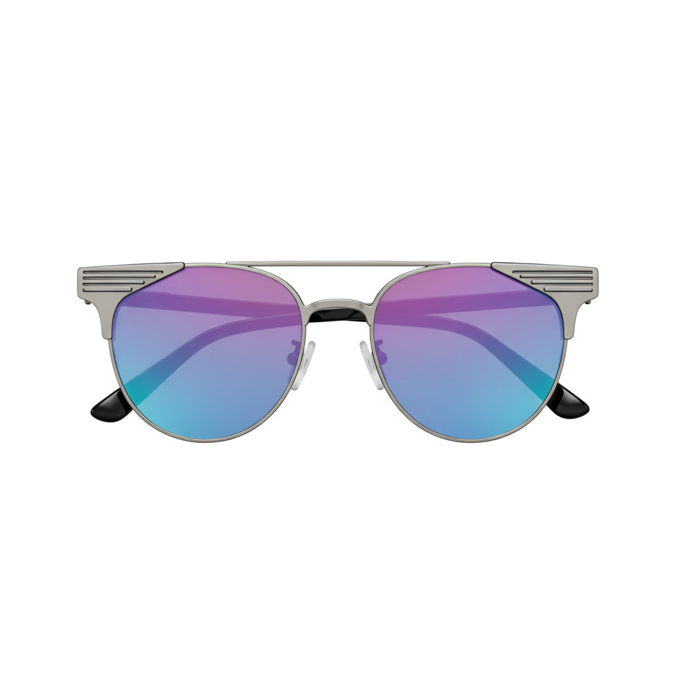 Close up shot showcasing silver framed sunglasses with lenses reflecting purple and blue color gradients transparent background png