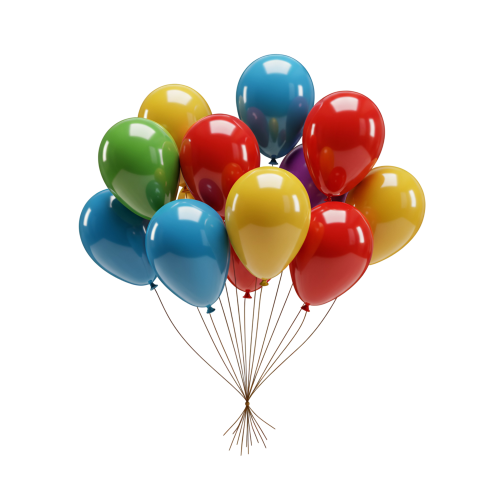 A vibrant cluster of party balloons in assorted colors tied together with thin strings isolated transparent background png
