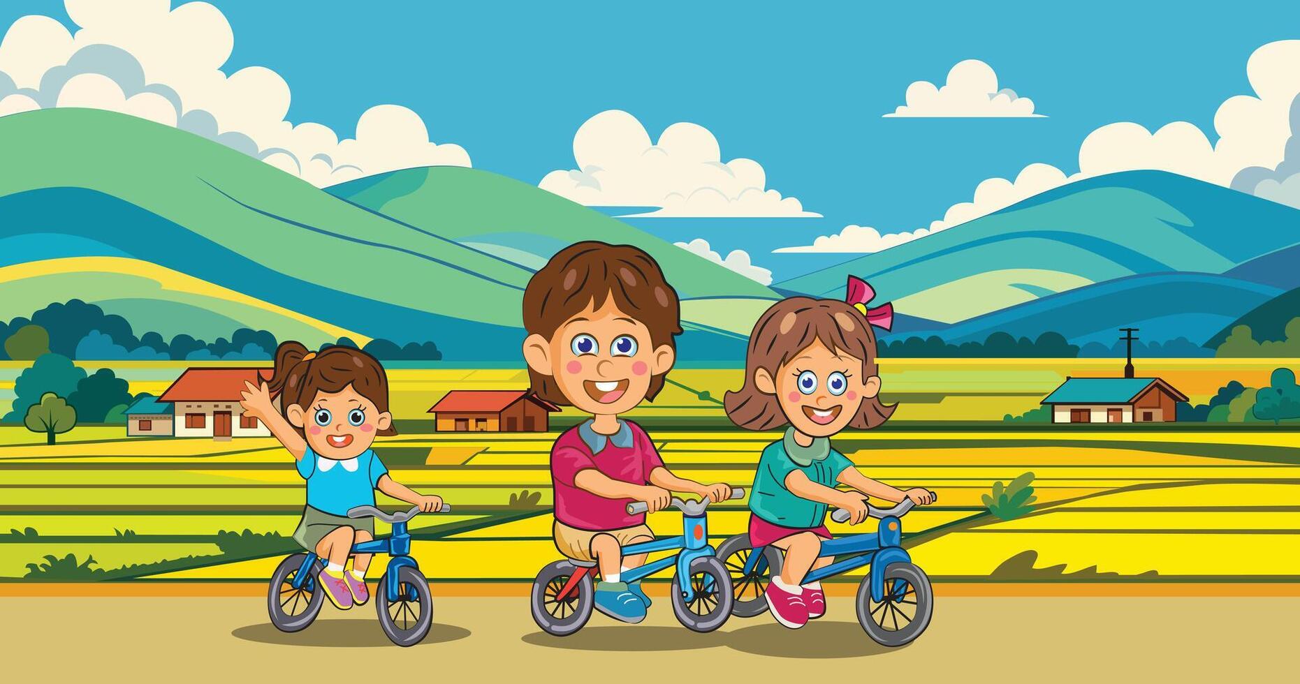 Three children riding bicycle in the country side with yellow paddy rice landscape. Illustration. vector