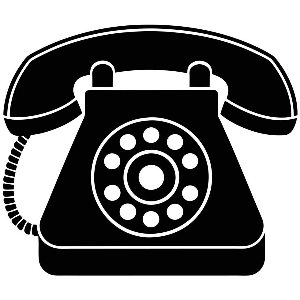 black silhouette of a vintage rotary dial telephone against a white background. vector