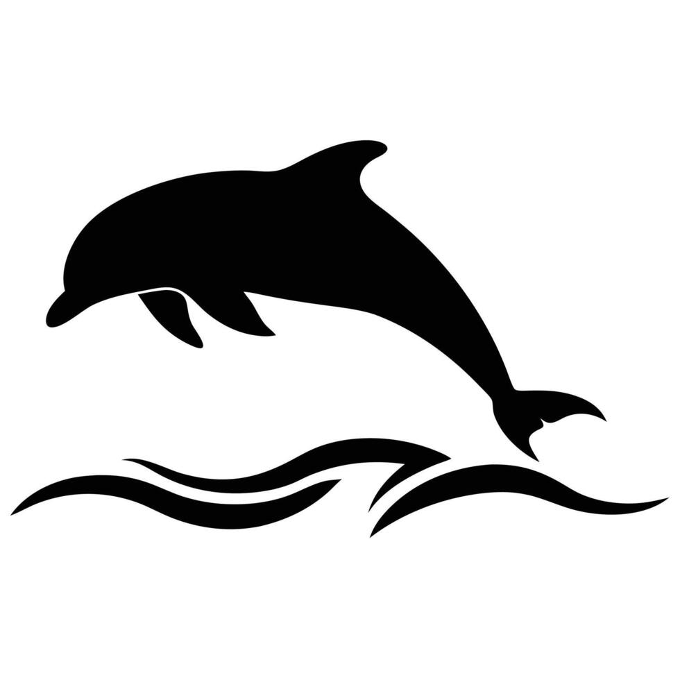 A striking black silhouette of a dolphin leaping gracefully out of stylized ocean waves. vector