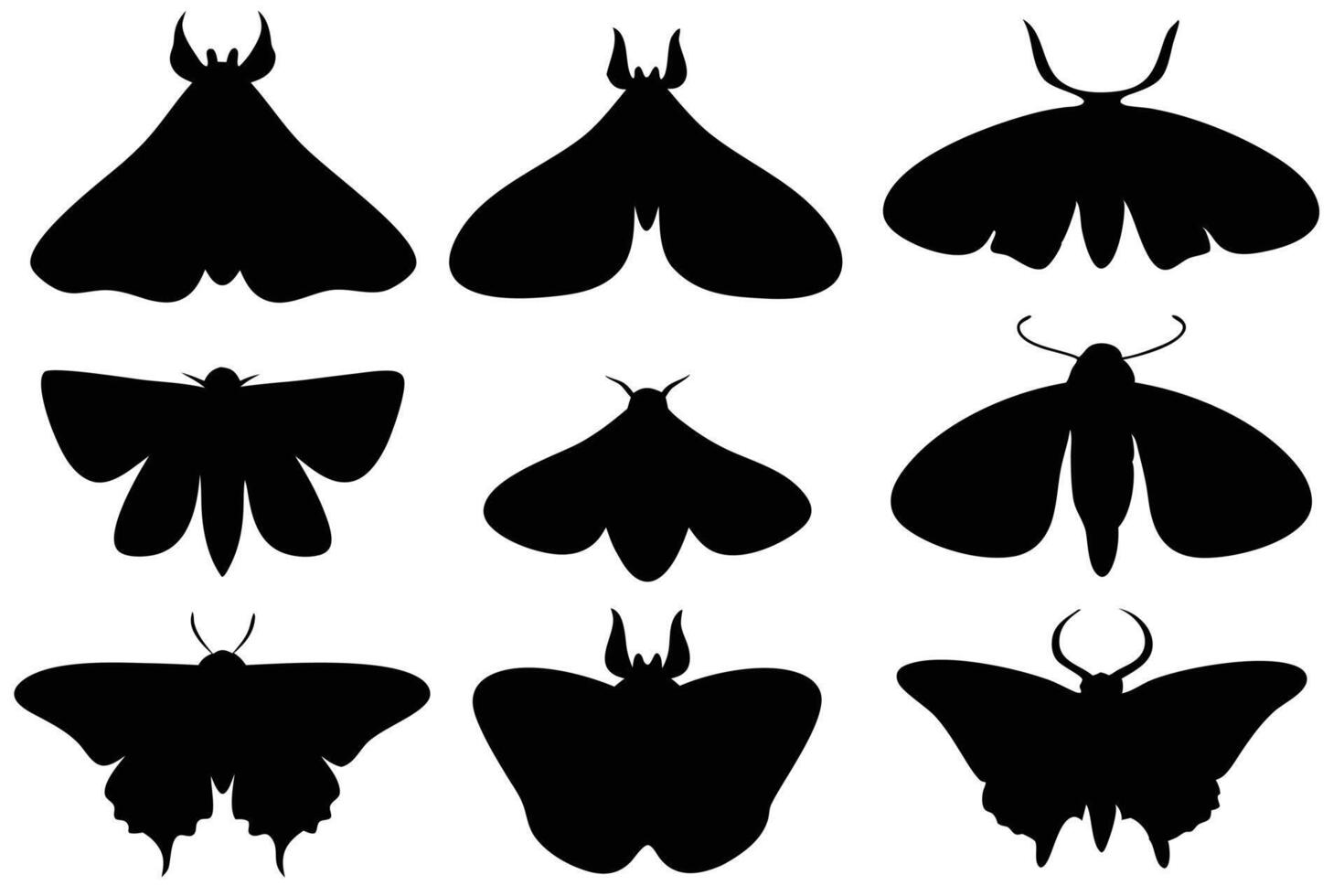 A collection of black silhouette moth images against a white background. vector