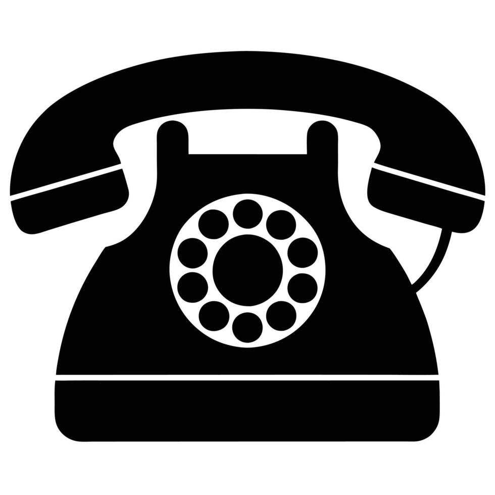 A simple, black silhouette of a vintage rotary dial telephone against a white background. vector