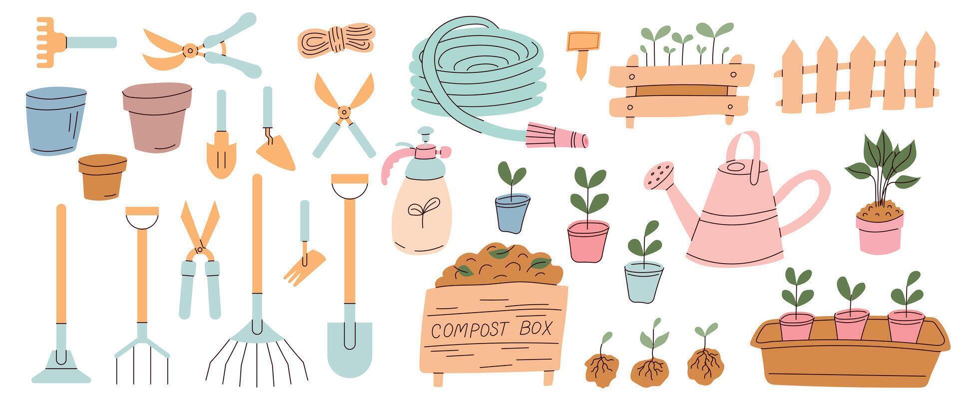 Gardening tools and supplies arranged on a light background showcasing various implements and plants for home gardening enthusiasts vector