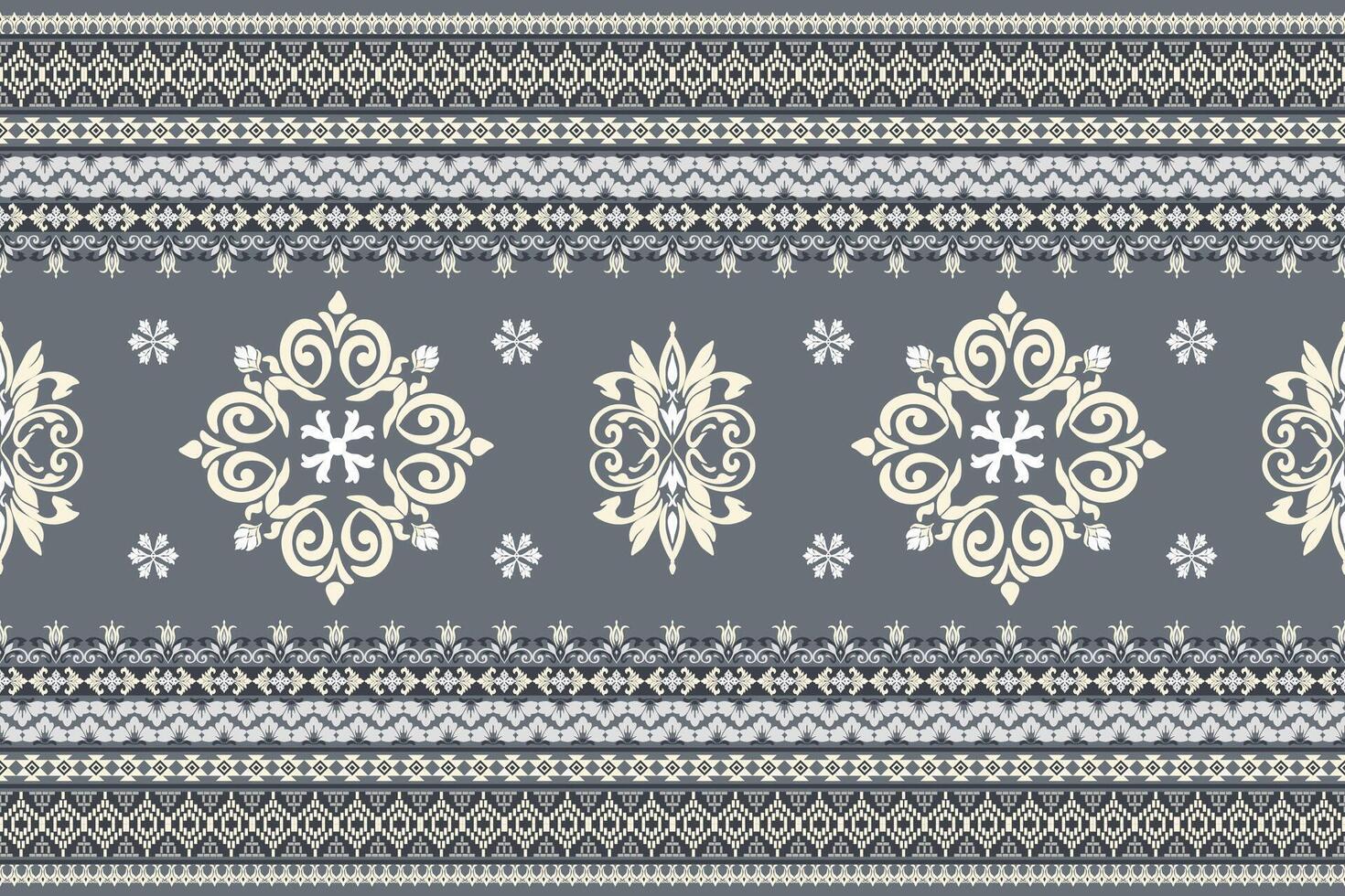 Seamless white and yellow floral damask shape with geometric ethnic tradition pattern texture on gray and black background vector