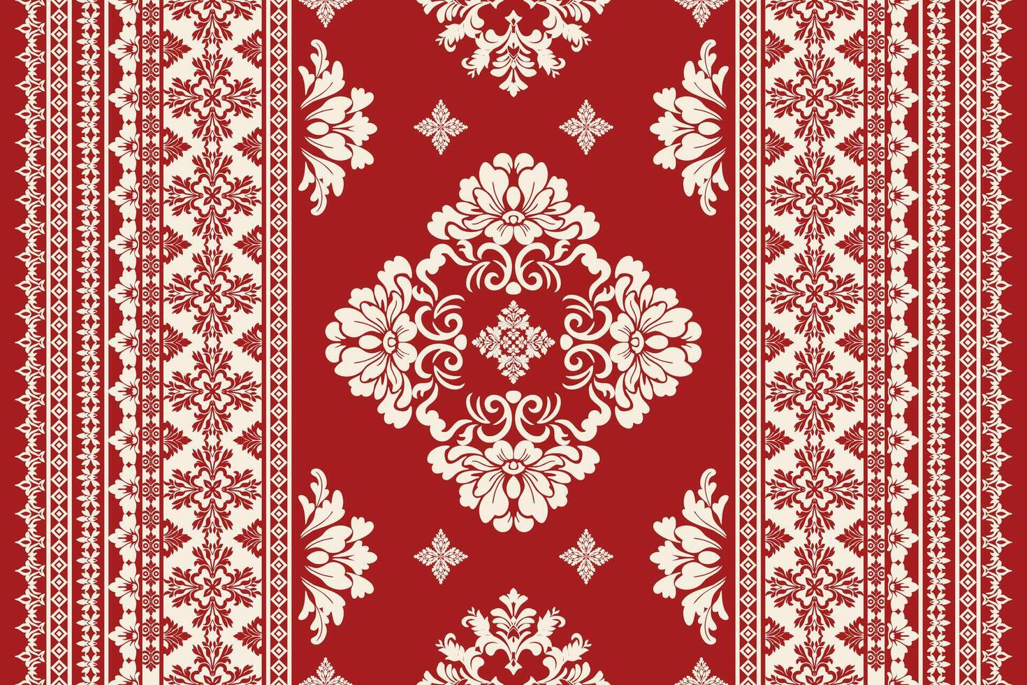 Seamless white floral damask shape with geometric ethnic tradition pattern texture on red background vector