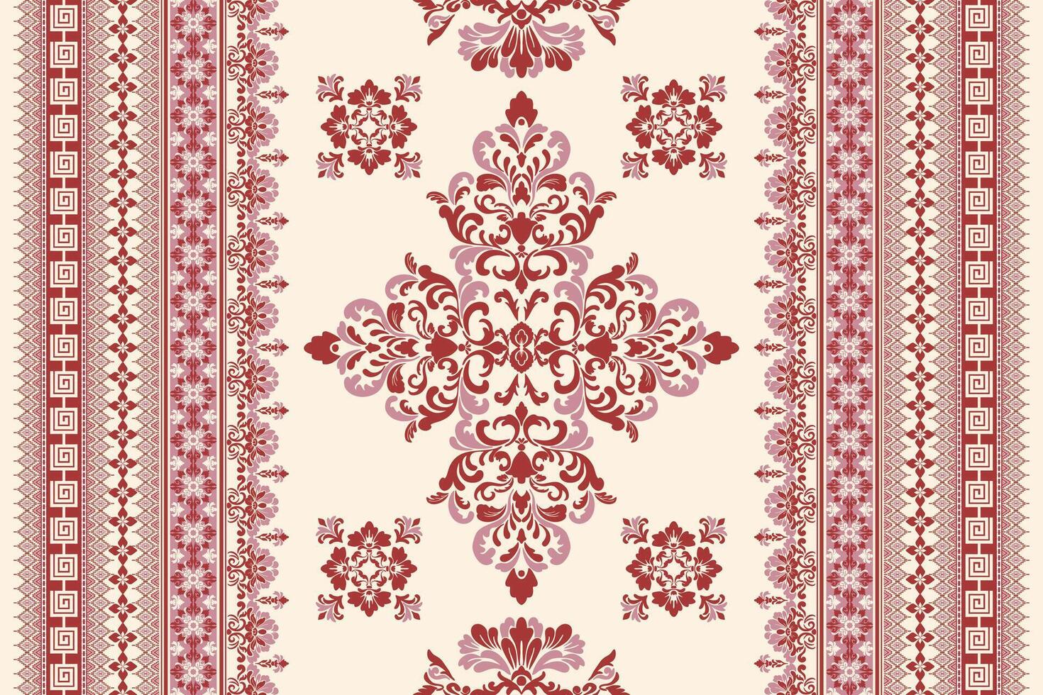 Seamless red and pink floral damask shape with geometric ethnic tradition pattern texture on pastel yellow and white background vector