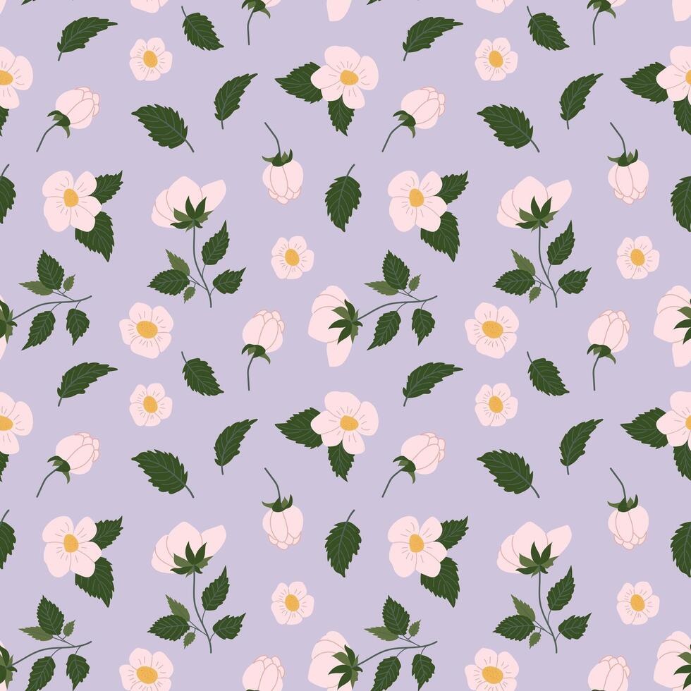Delicate floral pattern featuring white flowers and green leaves on a soft lavender background vector