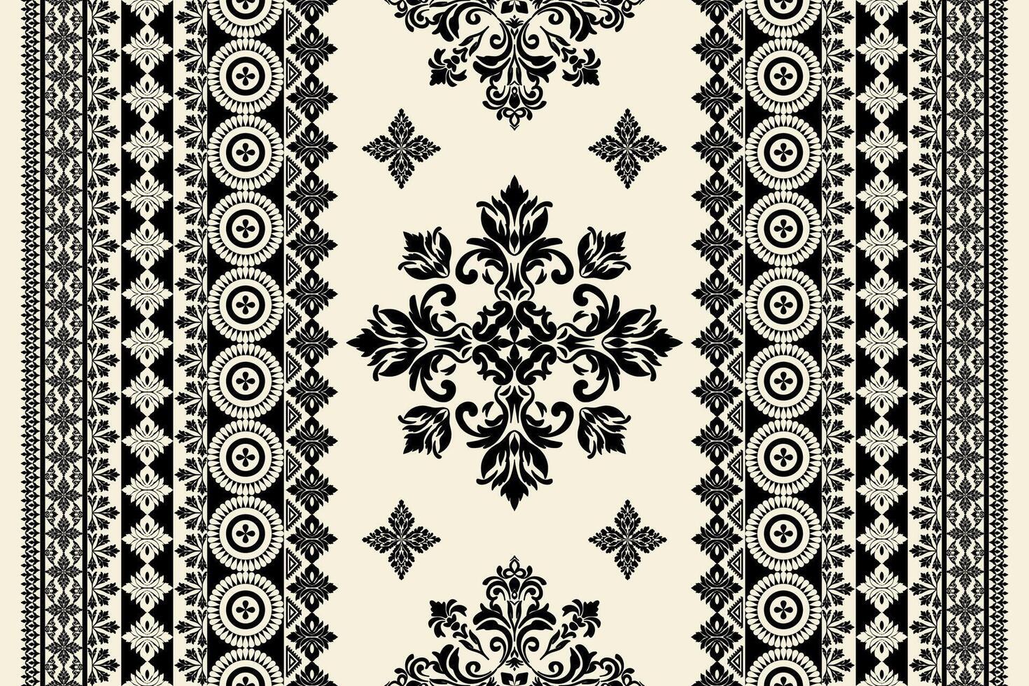 Seamless black floral damask shape with geometric ethnic tradition pattern texture on pastel yellow background vector