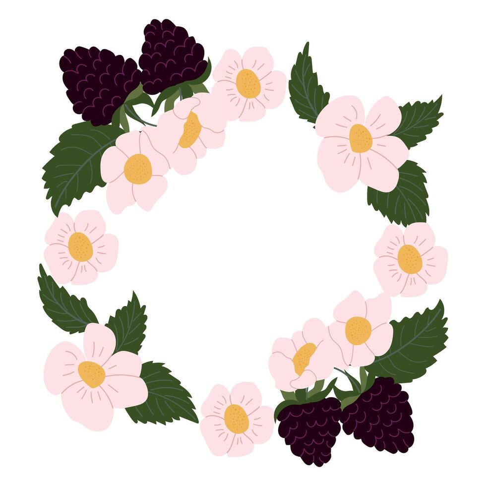 Floral wreath design featuring blackberry and wildflower elements on a white background vector