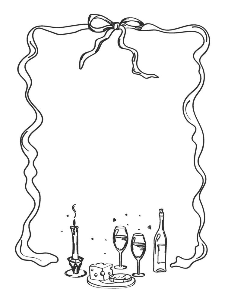 Sketch of romantic dinner with wine, cheese and candles.Vintage framed romantic dinner menu template, invitations, greeting cards. illustration vector